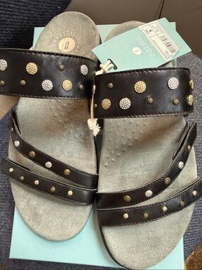 REVITALIGN Black Double-Strap Studded Slide Sandals